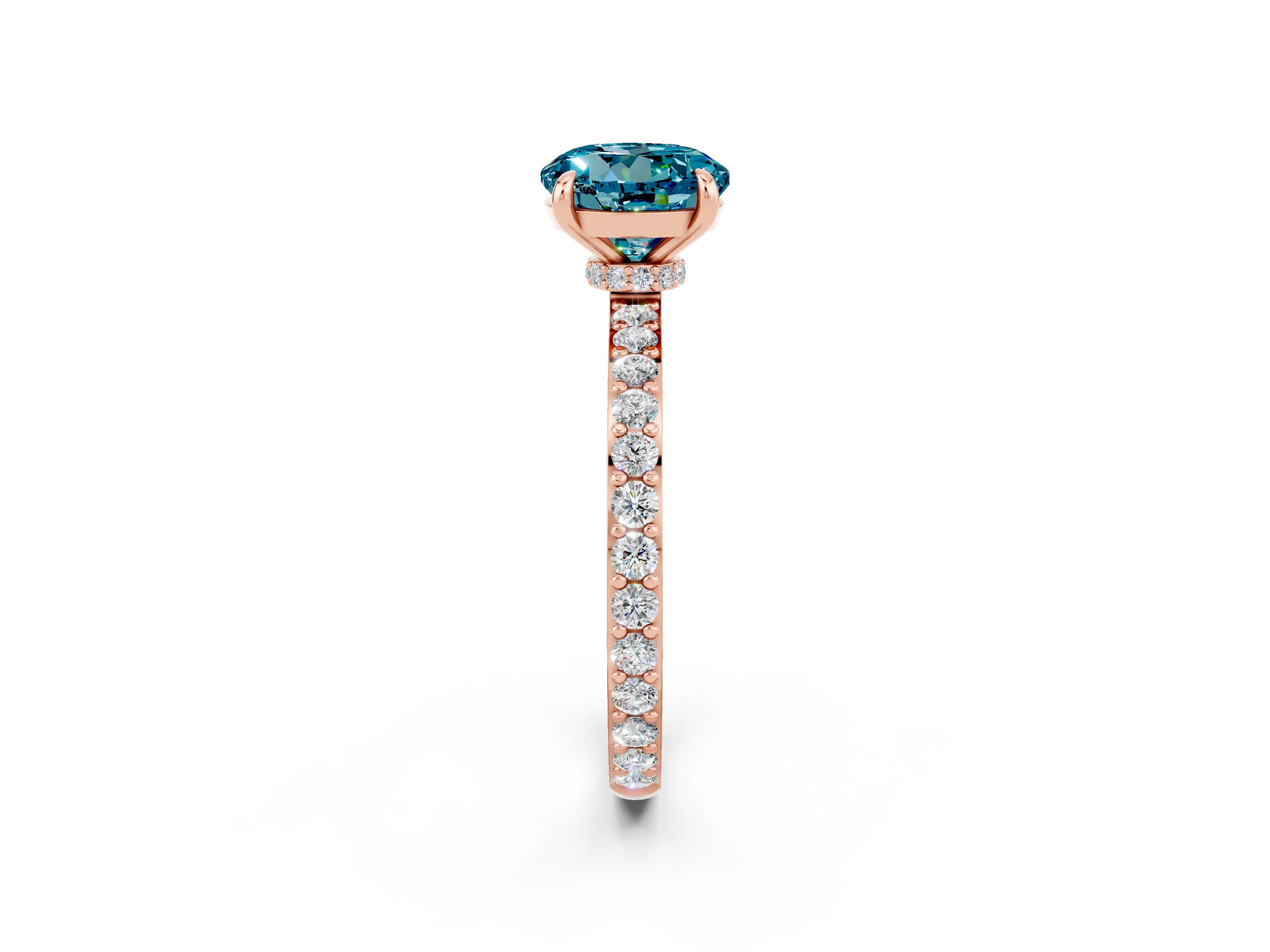 Rose gold Round Cut Blue Topaz Ring with Pavé Band and Four-Prong Setting_2