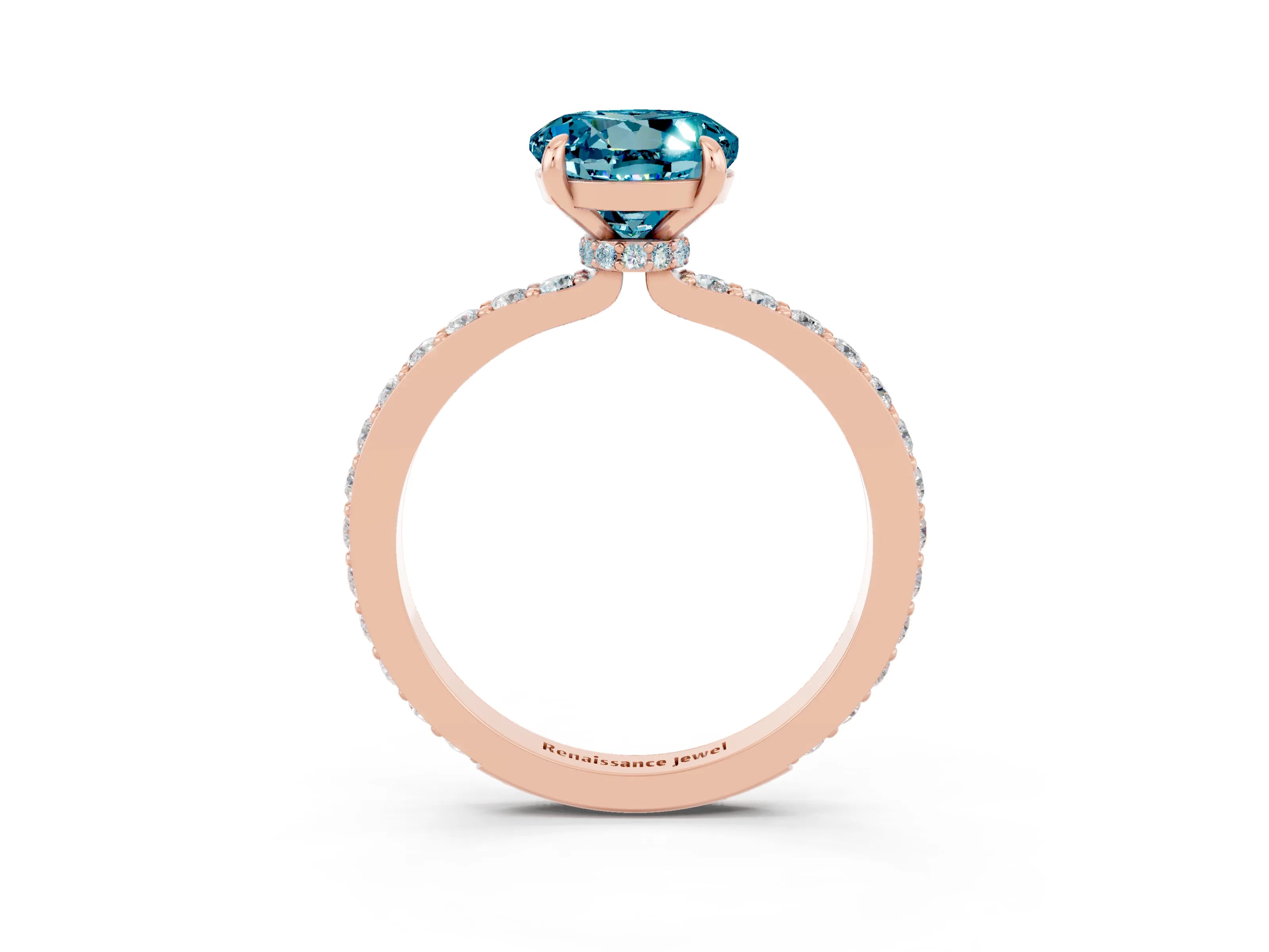 Rose gold Round Cut Blue Topaz Ring with Pavé Band and Four-Prong Setting_3