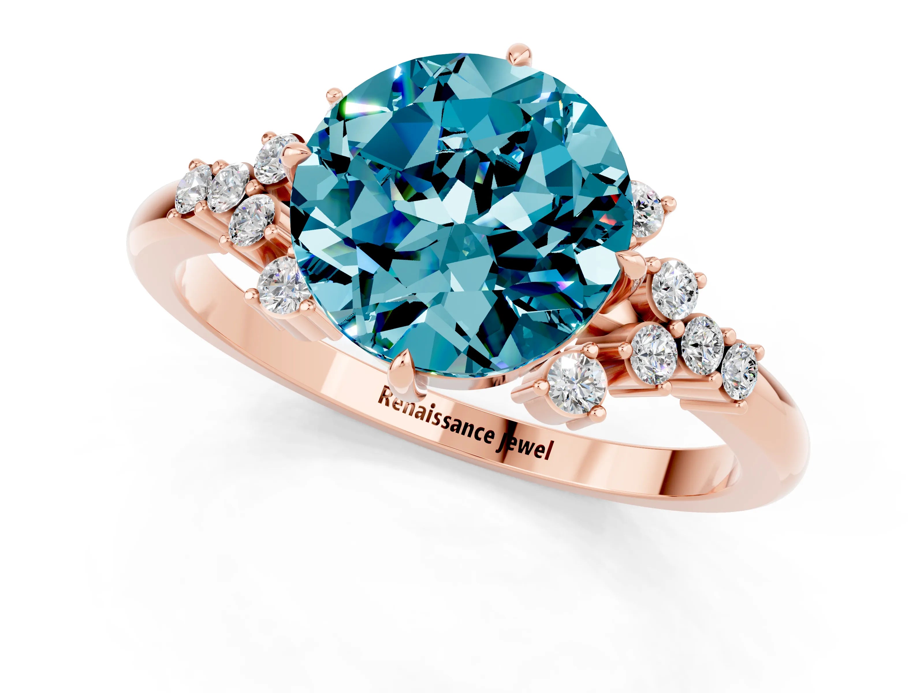 Rose gold Round Cut Blue Topaz Ring with Side Stones and Four-Prong Setting_37