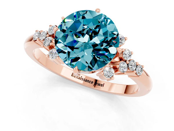 Rose gold Round Cut Blue Topaz Ring with Side Stones and Four-Prong Setting