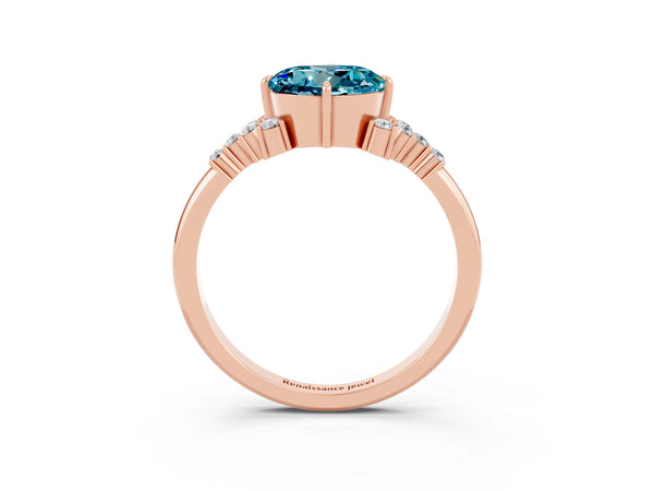 Rose gold Round Cut Blue Topaz Ring with Side Stones and Four-Prong Setting