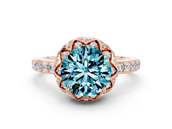 Rose gold Round Cut Blue Topaz Scalloped Halo Engagement Ring with Round Shared Prong Band