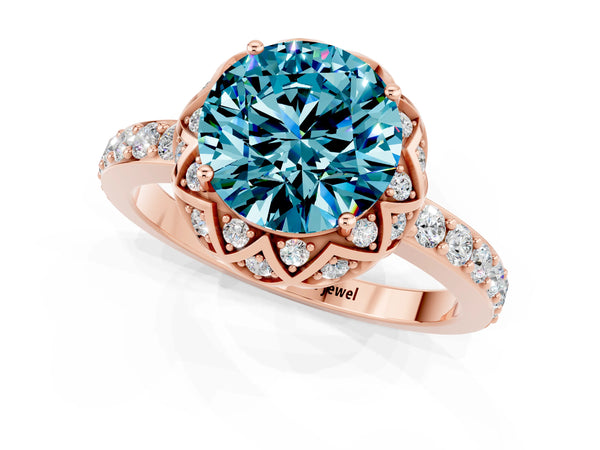 Rose gold Round Cut Blue Topaz Scalloped Halo Engagement Ring with Round Shared Prong Band