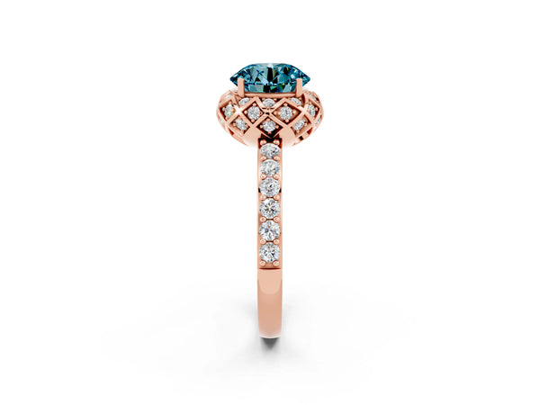 Rose gold Round Cut Blue Topaz Scalloped Halo Engagement Ring with Round Shared Prong Band