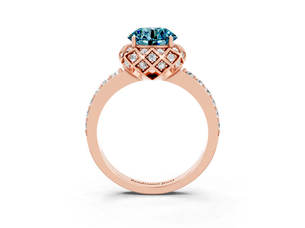 Rose gold Round Cut Blue Topaz Scalloped Halo Engagement Ring with Round Shared Prong Band