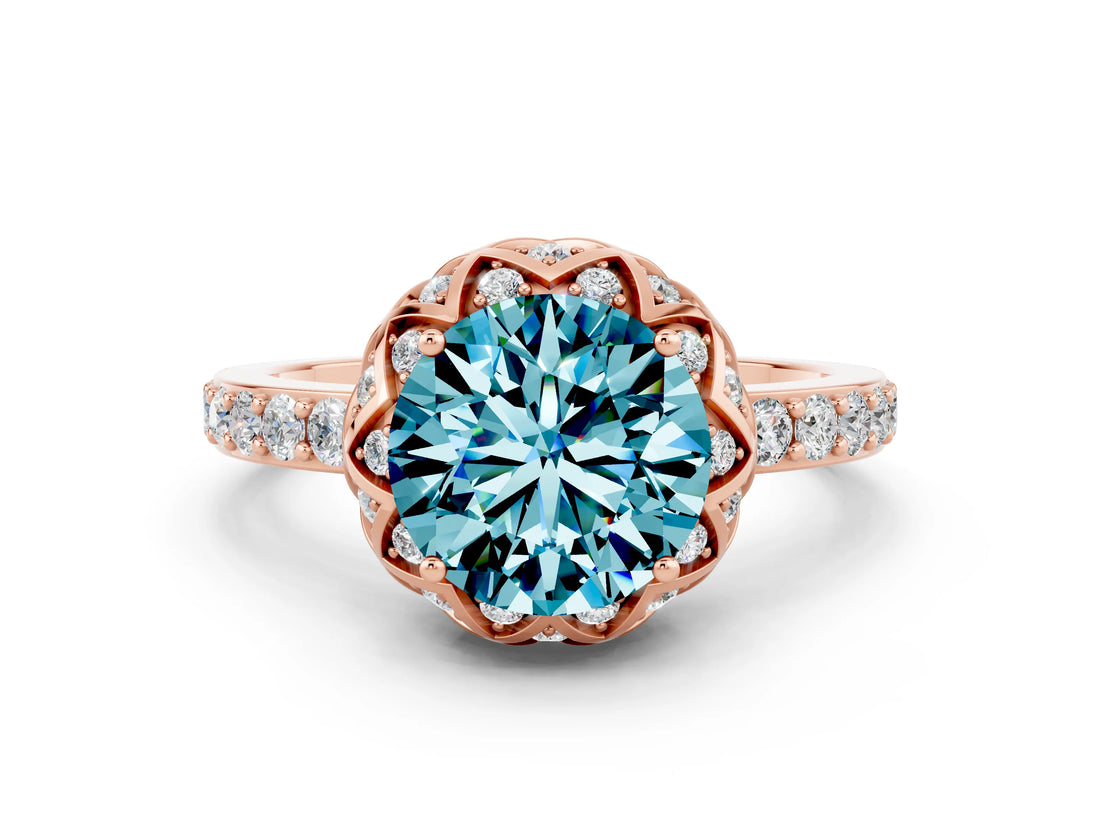 Rose gold Round Cut Blue Topaz Scalloped Halo Engagement Ring with Round Shared Prong Band_24