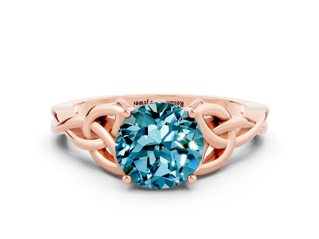 Rose gold Round Cut Blue Topaz Solitaire Celtic Knot Ring with Four-Prong Setting_12