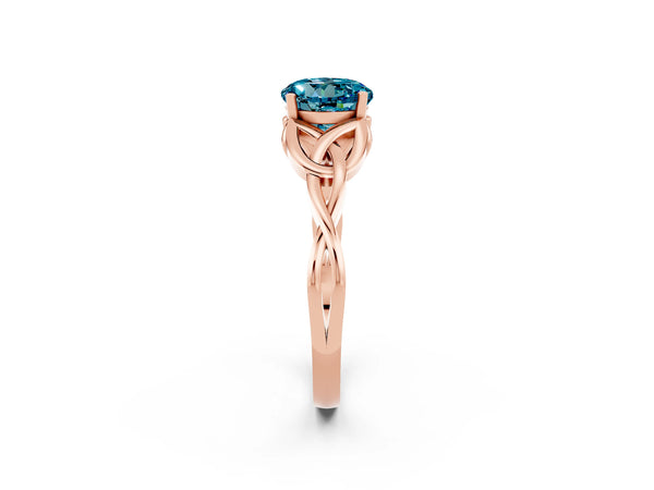 Rose gold Round Cut Blue Topaz Solitaire Engagement Ring with Celtic Knot Band and Four-Prong Setting