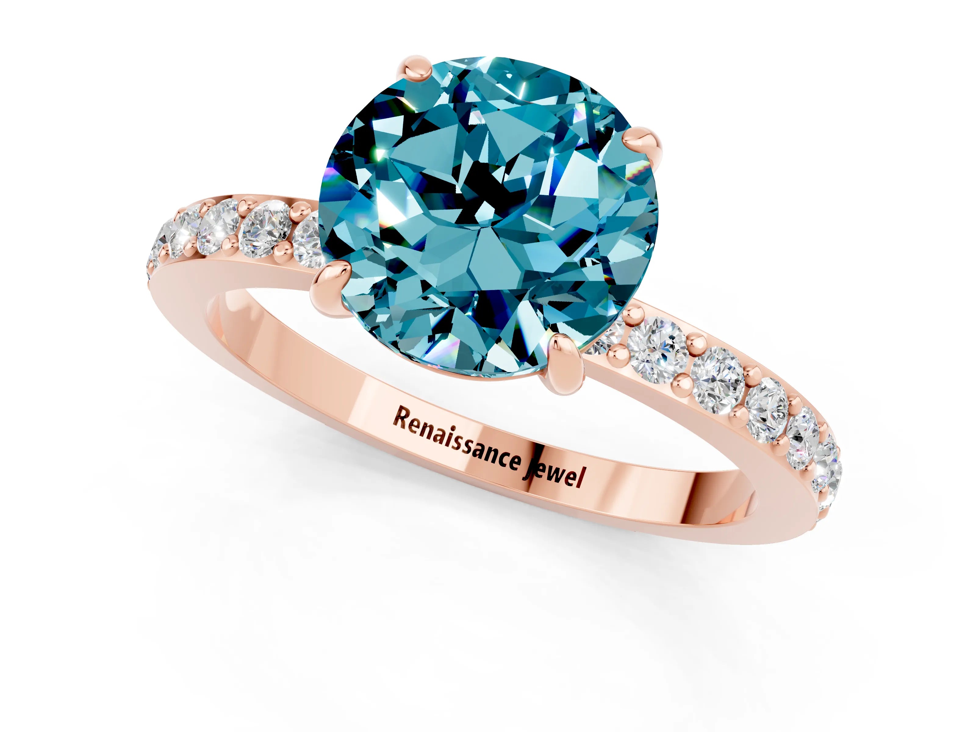 Rose gold Round Cut Blue Topaz Solitaire Engagement Ring with Pavé Band and Four-Prong Setting_1