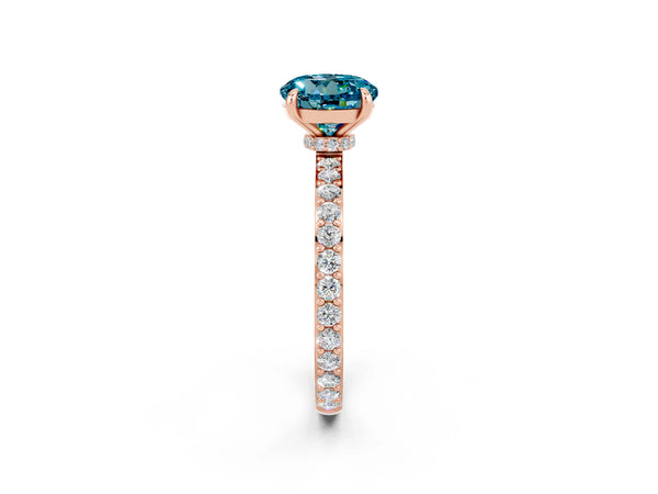 Rose gold Round Cut Blue Topaz Solitaire Engagement Ring with Pavé Band and Four-Prong Setting