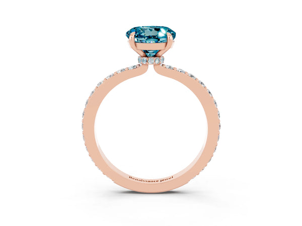 Rose gold Round Cut Blue Topaz Solitaire Engagement Ring with Pavé Band and Four-Prong Setting