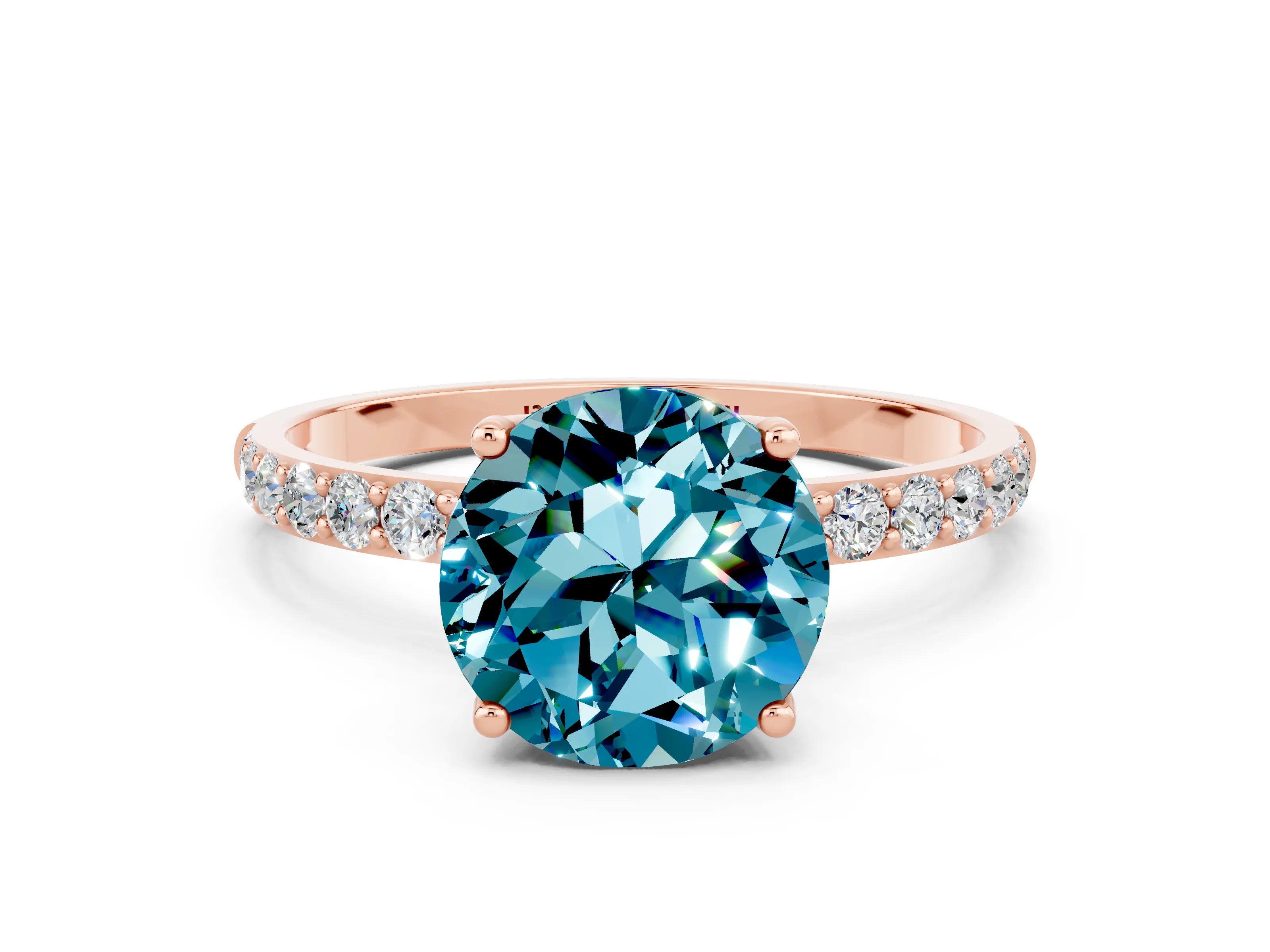 Rose gold Round Cut Blue Topaz Solitaire Engagement Ring with Pavé Band and Prong Setting