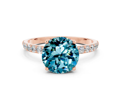 Rose gold Round Cut Blue Topaz Solitaire Engagement Ring with Pavé Band and Prong Setting