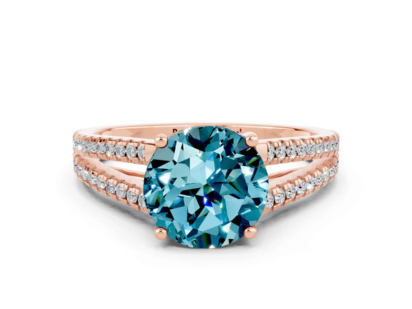 Rose gold Round Cut Blue Topaz Solitaire Engagement Ring with Split Shank Pavé Band