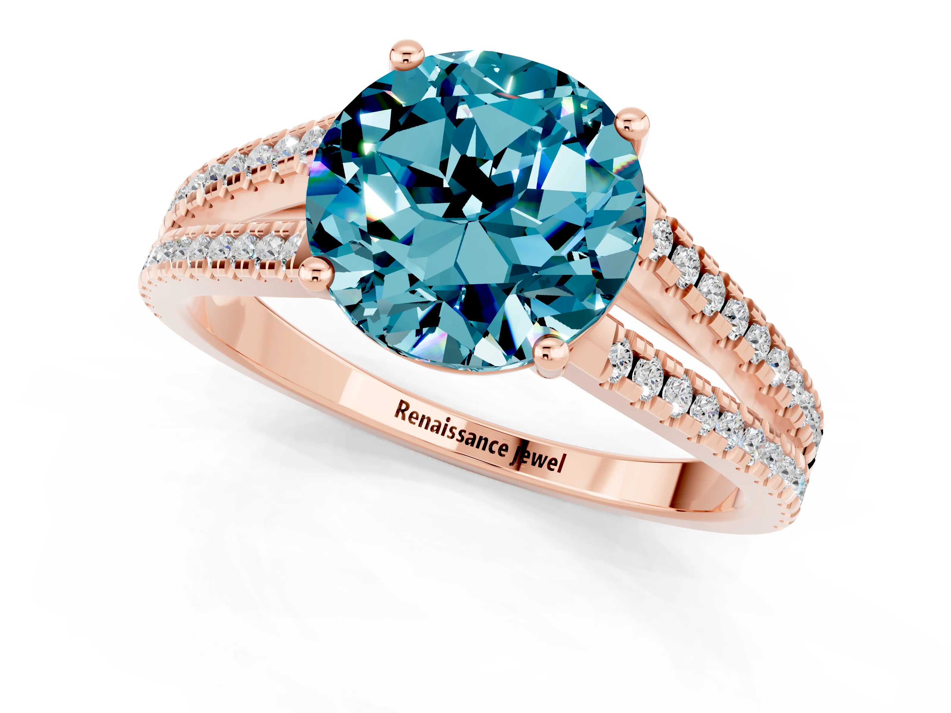 Rose gold Round Cut Blue Topaz Solitaire Engagement Ring with Split Shank Pavé Band_1