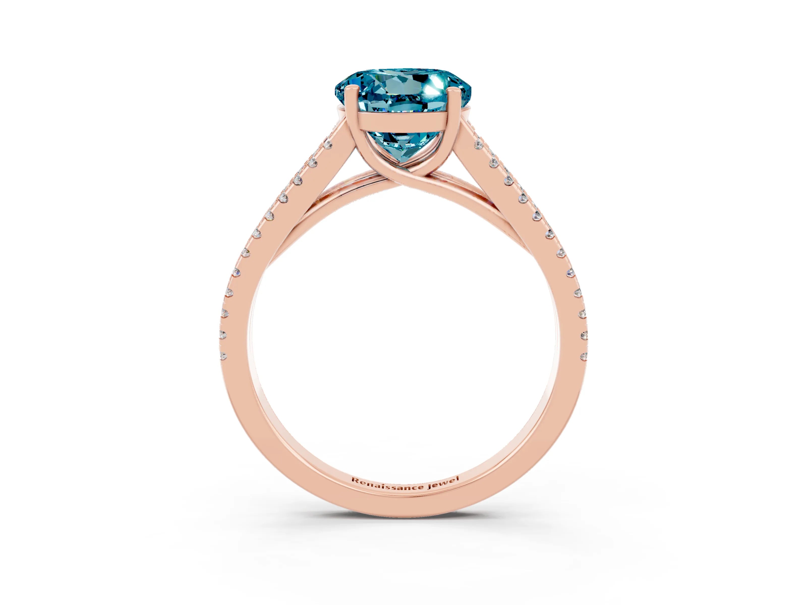 Rose gold Round Cut Blue Topaz Solitaire Engagement Ring with Split Shank Pavé Band_3