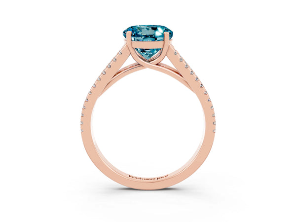 Rose gold Round Cut Blue Topaz Solitaire Engagement Ring with Split Shank Pavé Band