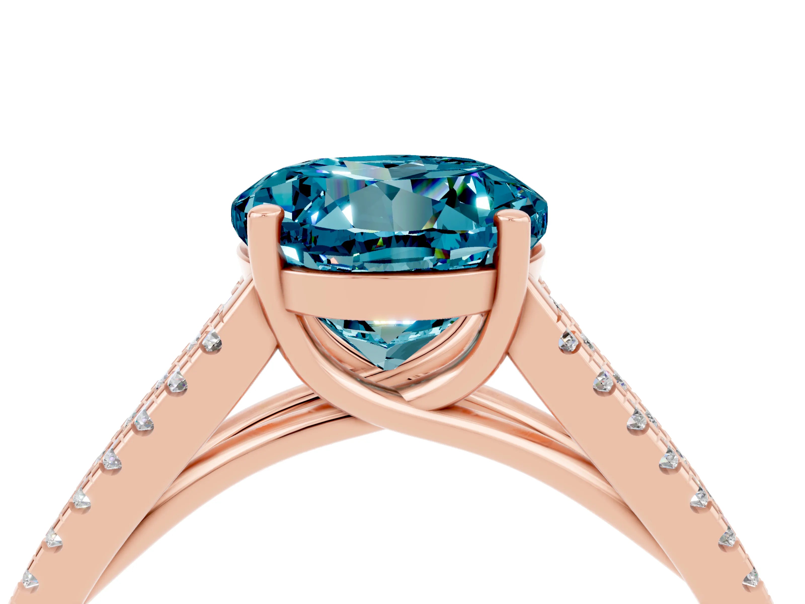 Rose gold Round Cut Blue Topaz Solitaire Engagement Ring with Split Shank Pavé Band_4