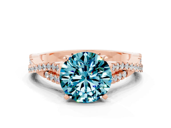 Rose gold Round Cut Blue Topaz Solitaire Engagement Ring with Twisted Pavé Band and Four-Prong Setting