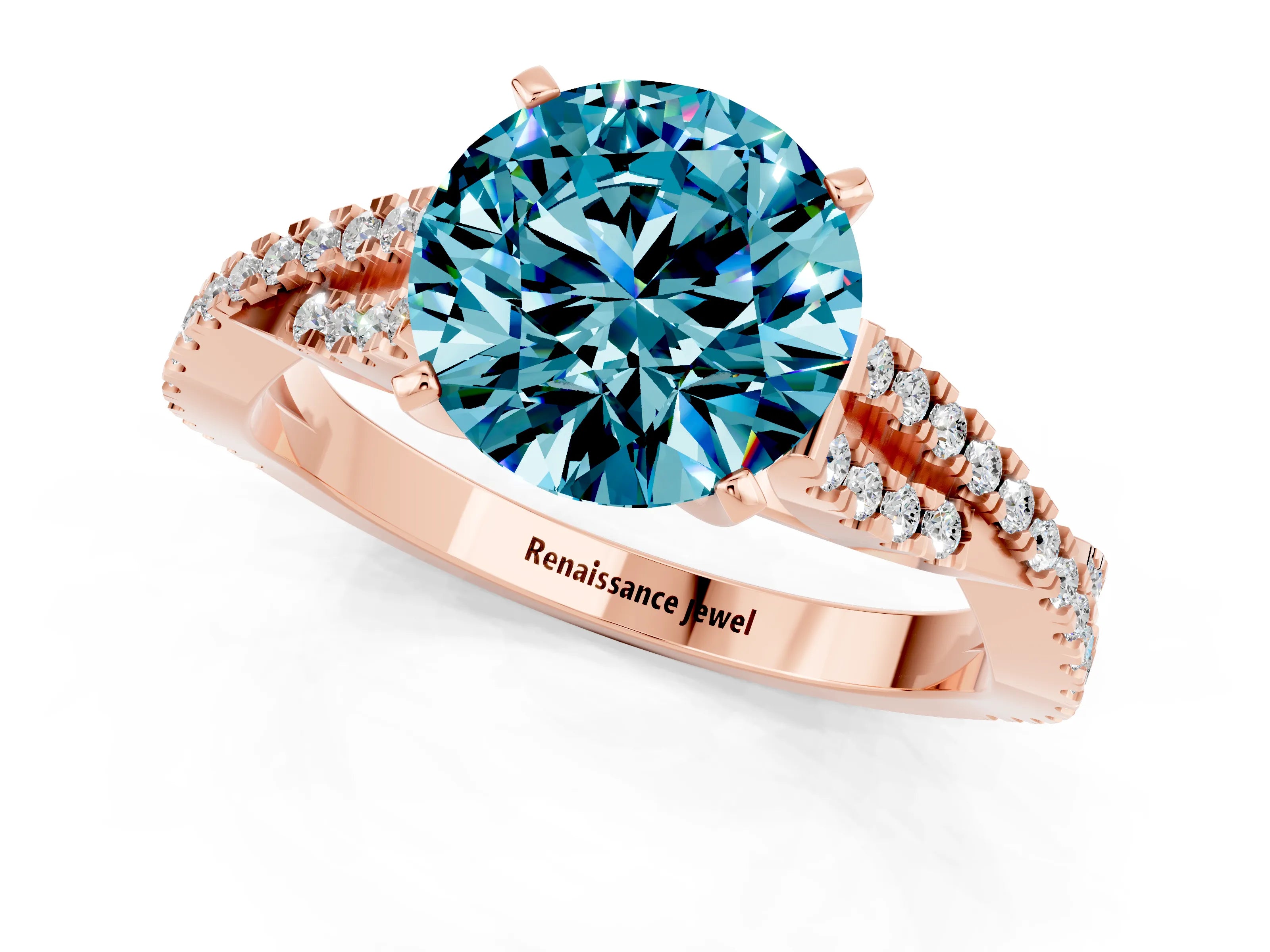 Rose gold Round Cut Blue Topaz Solitaire Engagement Ring with Twisted Pavé Band and Four-Prong Setting_13