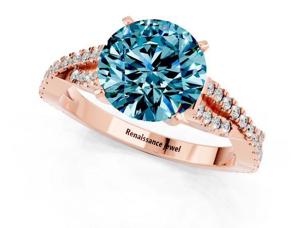 Rose gold Round Cut Blue Topaz Solitaire Engagement Ring with Twisted Pavé Band and Four-Prong Setting