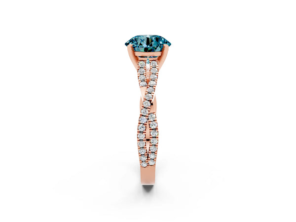 Rose gold Round Cut Blue Topaz Solitaire Engagement Ring with Twisted Pavé Band and Four-Prong Setting