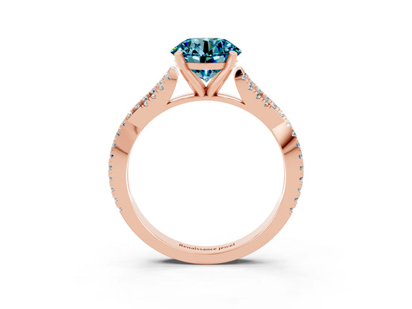 Rose gold Round Cut Blue Topaz Solitaire Engagement Ring with Twisted Pavé Band and Four-Prong Setting