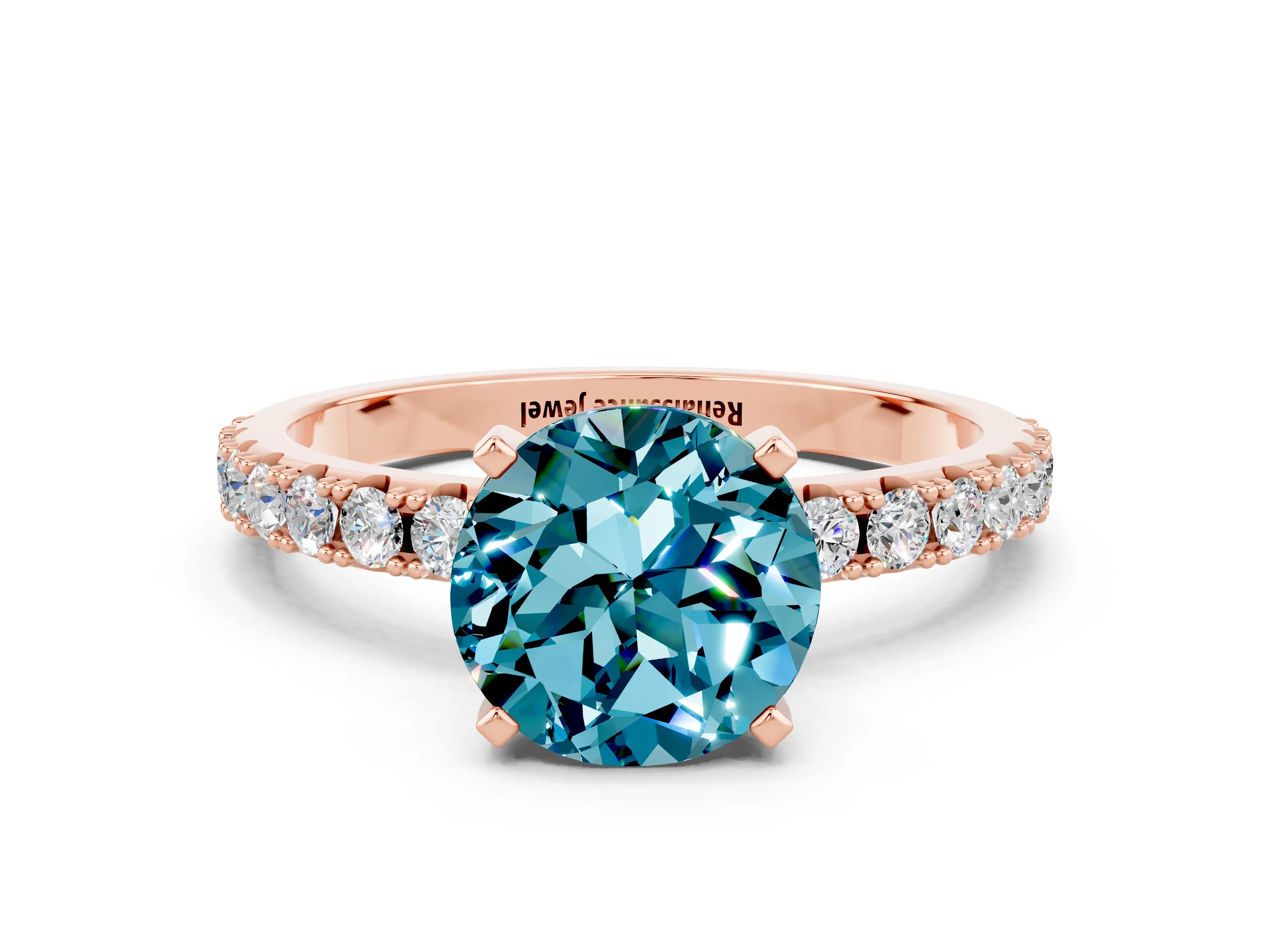 Rose gold Round Cut Blue Topaz Solitaire Pavé Band with Four-Prong Setting