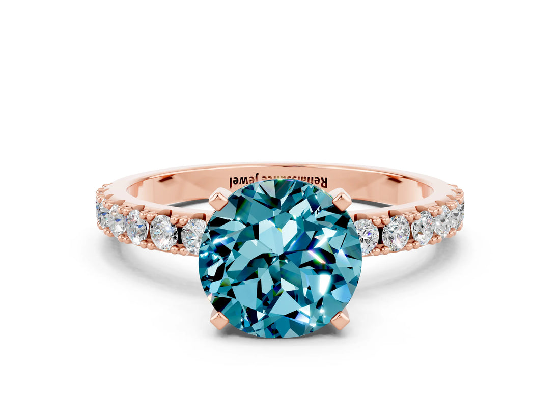 Rose gold Round Cut Blue Topaz Solitaire Pavé Band with Four-Prong Setting