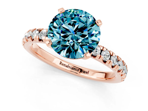 Rose gold Round Cut Blue Topaz Solitaire Pavé Engagement Ring with Round Band and Prong Setting