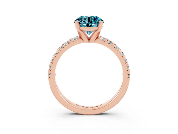 Rose gold Round Cut Blue Topaz Solitaire Pavé Engagement Ring with Round Band and Prong Setting
