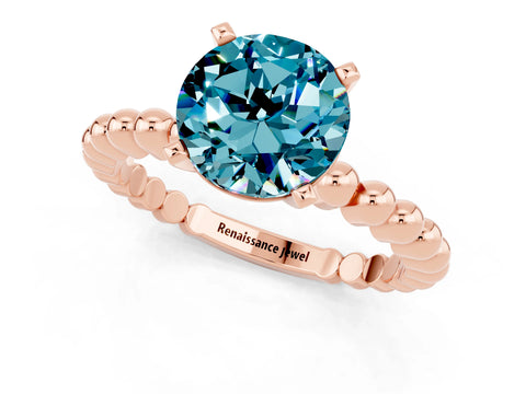 Rose gold Round Cut Blue Topaz Solitaire Ring with Beaded Band and Prong Setting_1