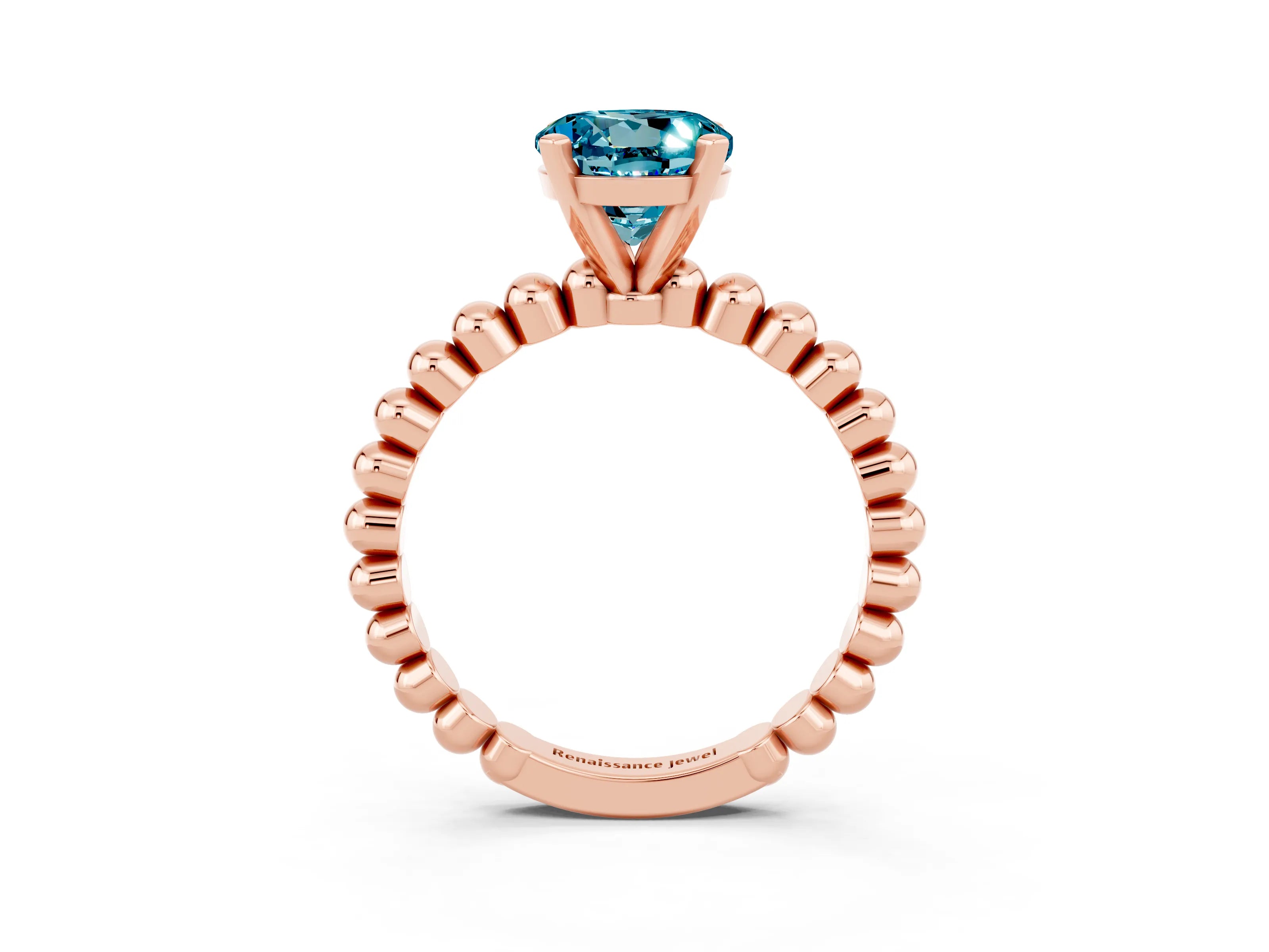 Rose gold Round Cut Blue Topaz Solitaire Ring with Beaded Band and Prong Setting_3