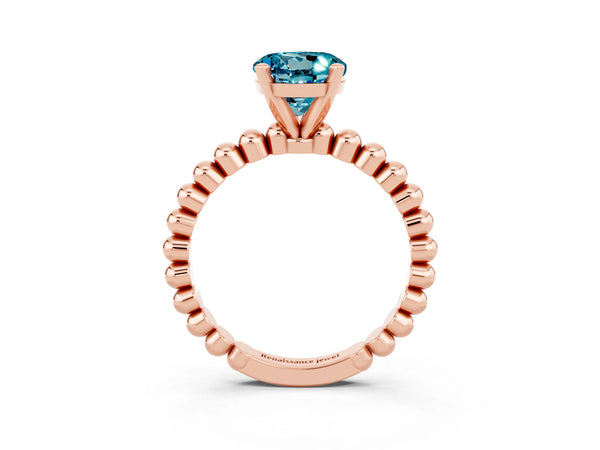 Rose gold Round Cut Blue Topaz Solitaire Ring with Beaded Band and Prong Setting