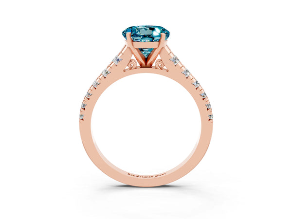 Rose gold Round Cut Blue Topaz Cathedral Solitaire Ring with Round  Pavé Band