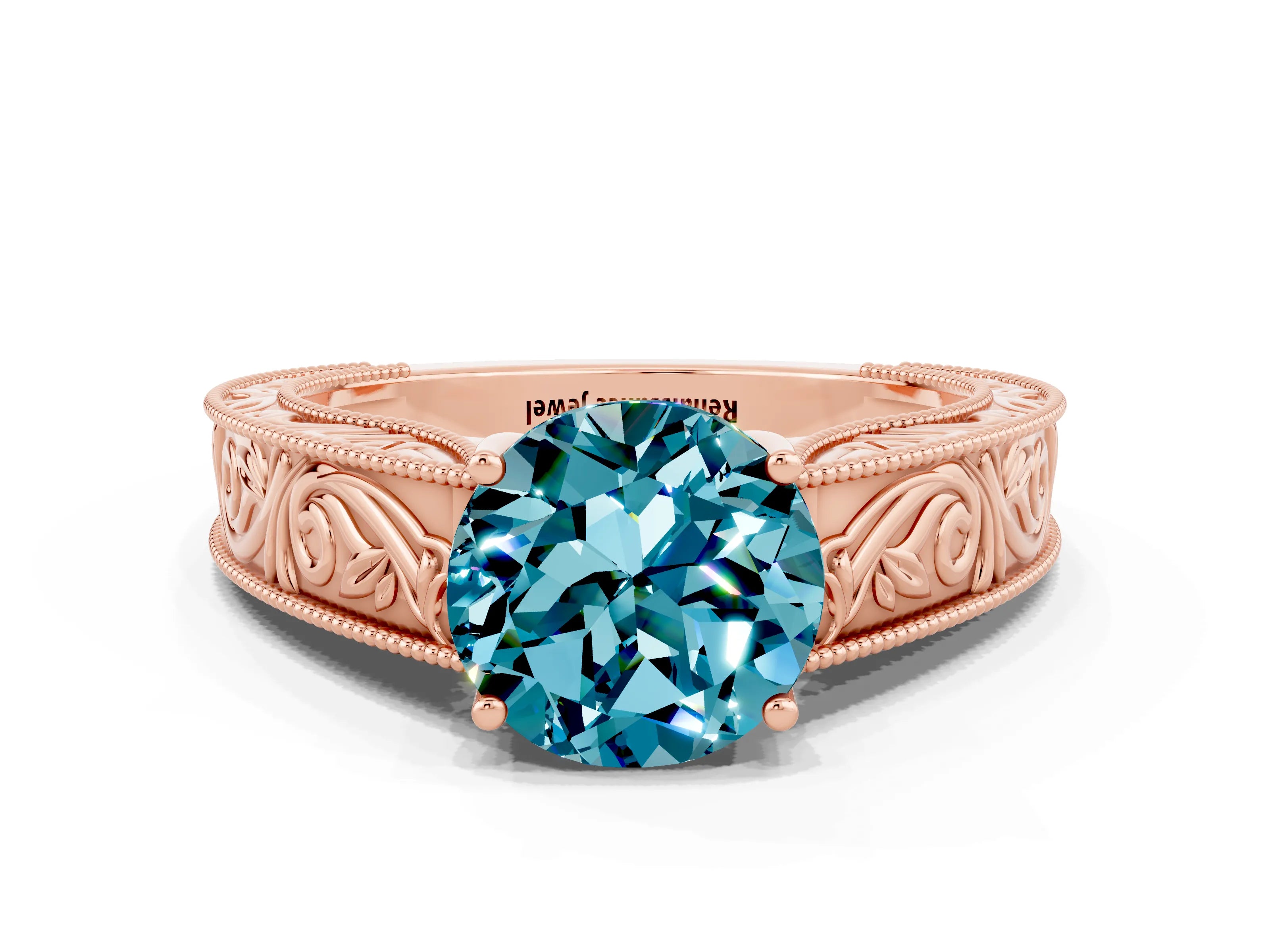 Rose gold Round Cut Blue Topaz Solitaire Ring with Engraved Band and Four-Prong Setting