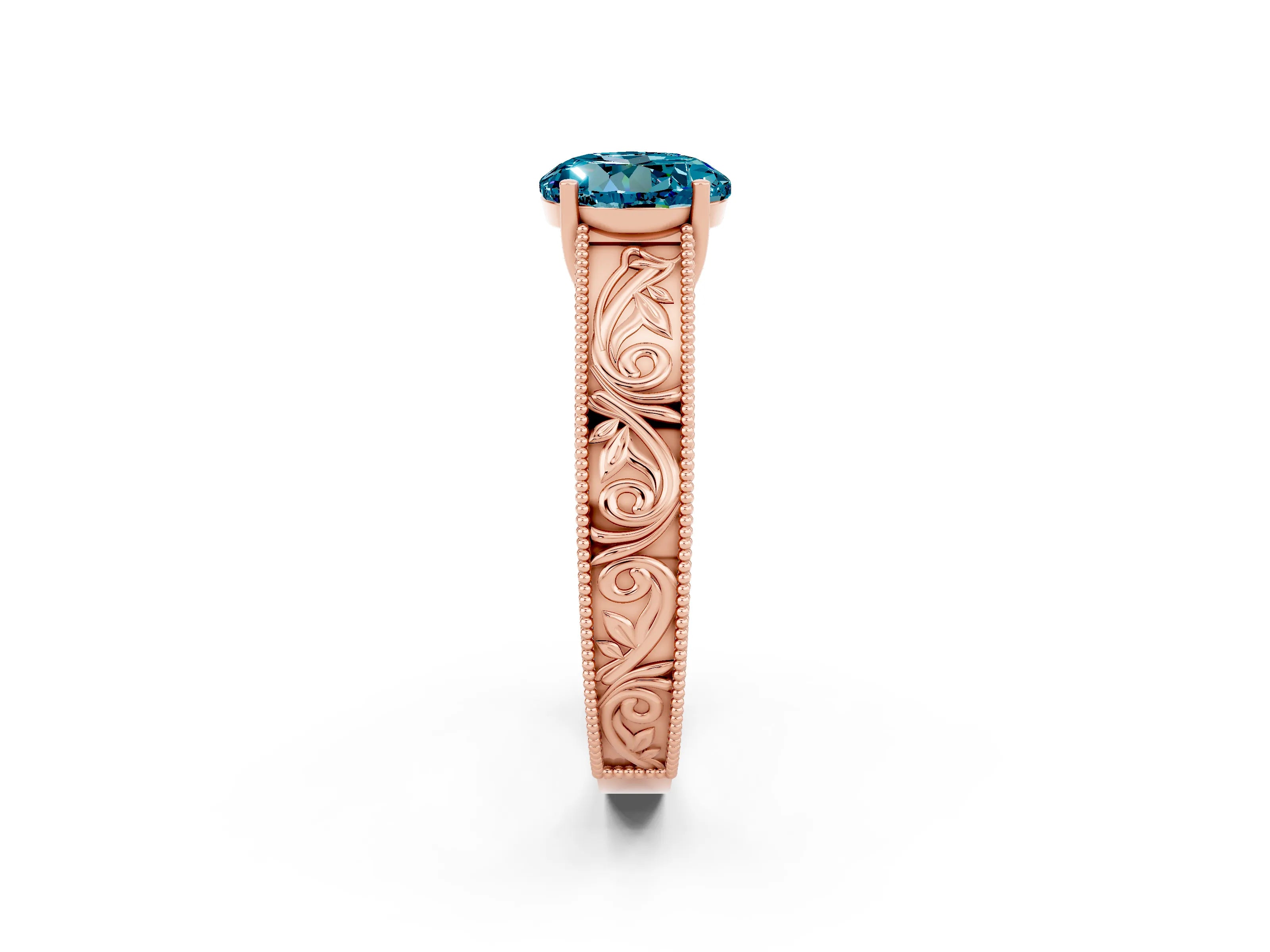 Rose gold Round Cut Blue Topaz Solitaire Ring with Engraved Band and Four-Prong Setting_2