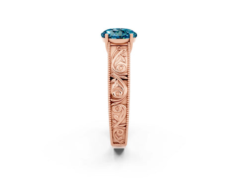 Rose gold Round Cut Blue Topaz Solitaire Ring with Engraved Band and Four-Prong Setting_2