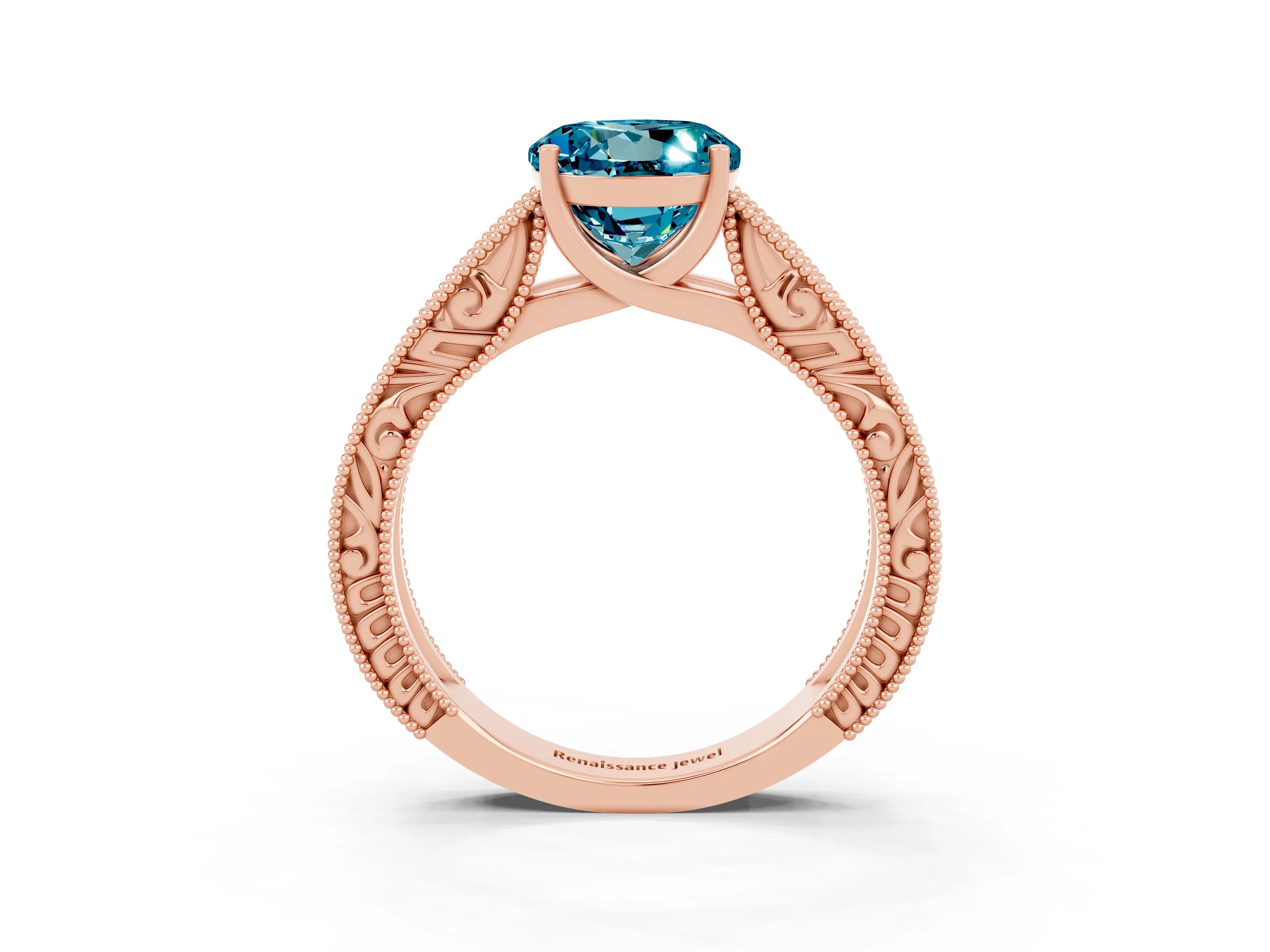 Rose gold Round Cut Blue Topaz Solitaire Ring with Engraved Band and Four-Prong Setting_3