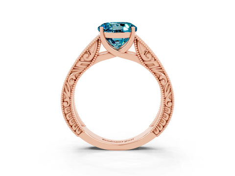 Rose gold Round Cut Blue Topaz Solitaire Ring with Engraved Band and Four-Prong Setting_3