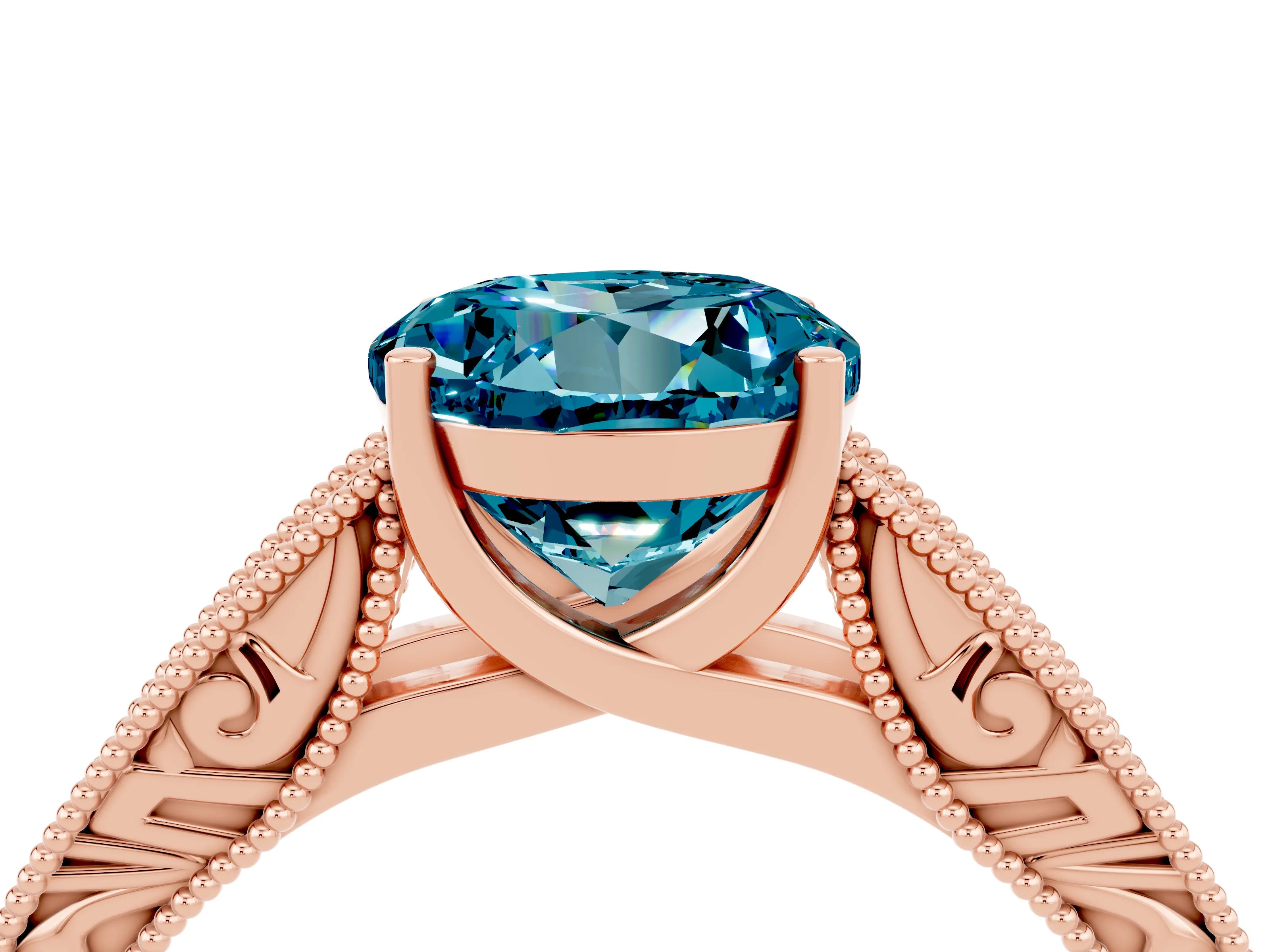 Rose gold Round Cut Blue Topaz Solitaire Ring with Engraved Band and Four-Prong Setting_4