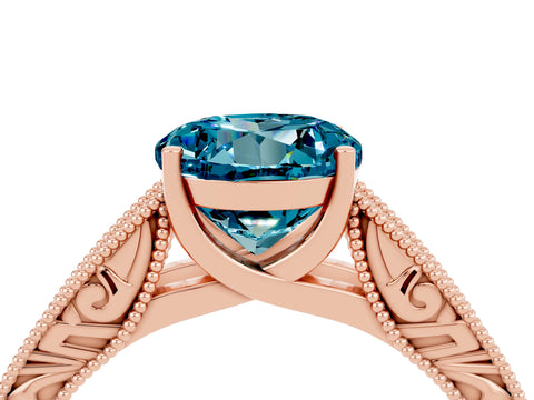 Rose gold Round Cut Blue Topaz Solitaire Ring with Engraved Band and Four-Prong Setting_4