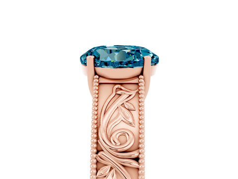 Rose gold Round Cut Blue Topaz Solitaire Ring with Engraved Band and Four-Prong Setting_5