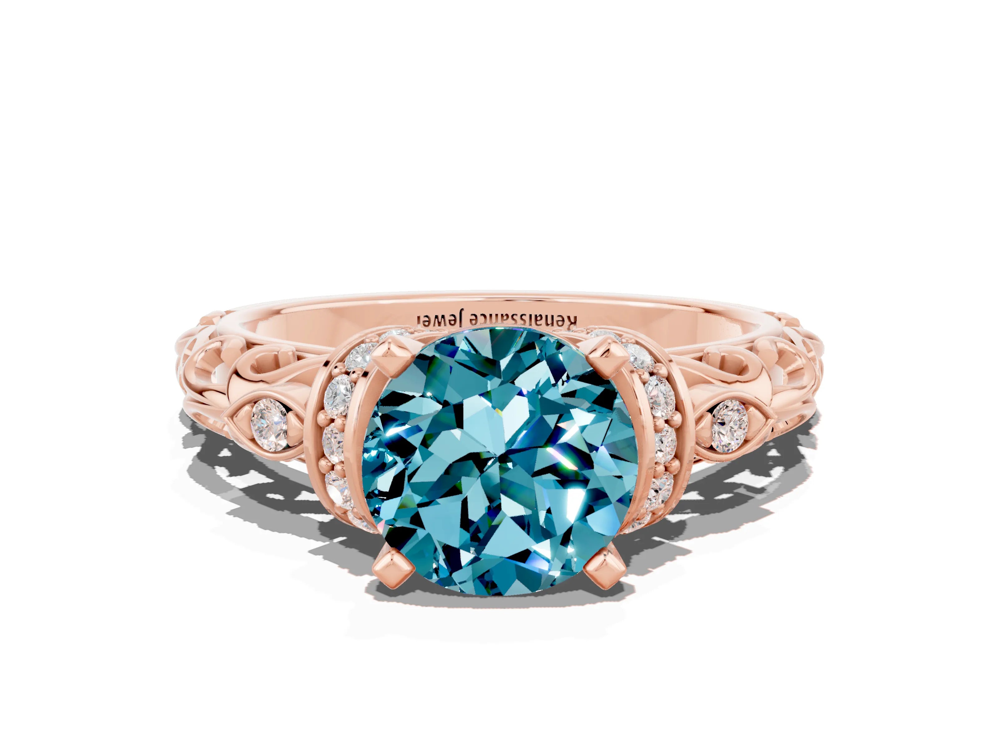 Rose gold Round Cut Blue Topaz Solitaire Ring with Filigree Band and Four-Prong Setting_24