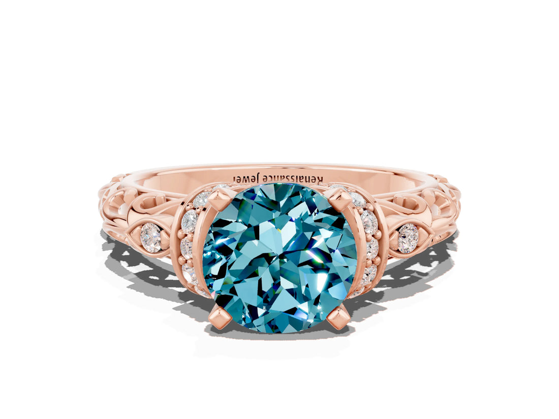 Rose gold Round Cut Blue Topaz Solitaire Ring with Filigree Band and Four-Prong Setting_24
