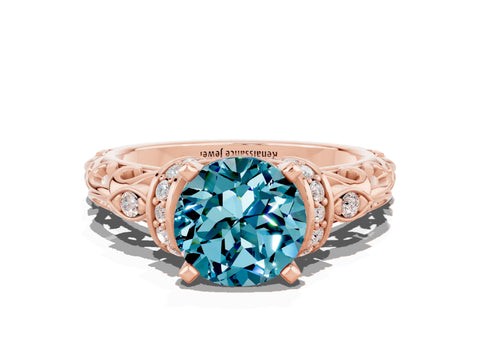 Rose gold Round Cut Blue Topaz Solitaire Ring with Filigree Band and Four-Prong Setting_24