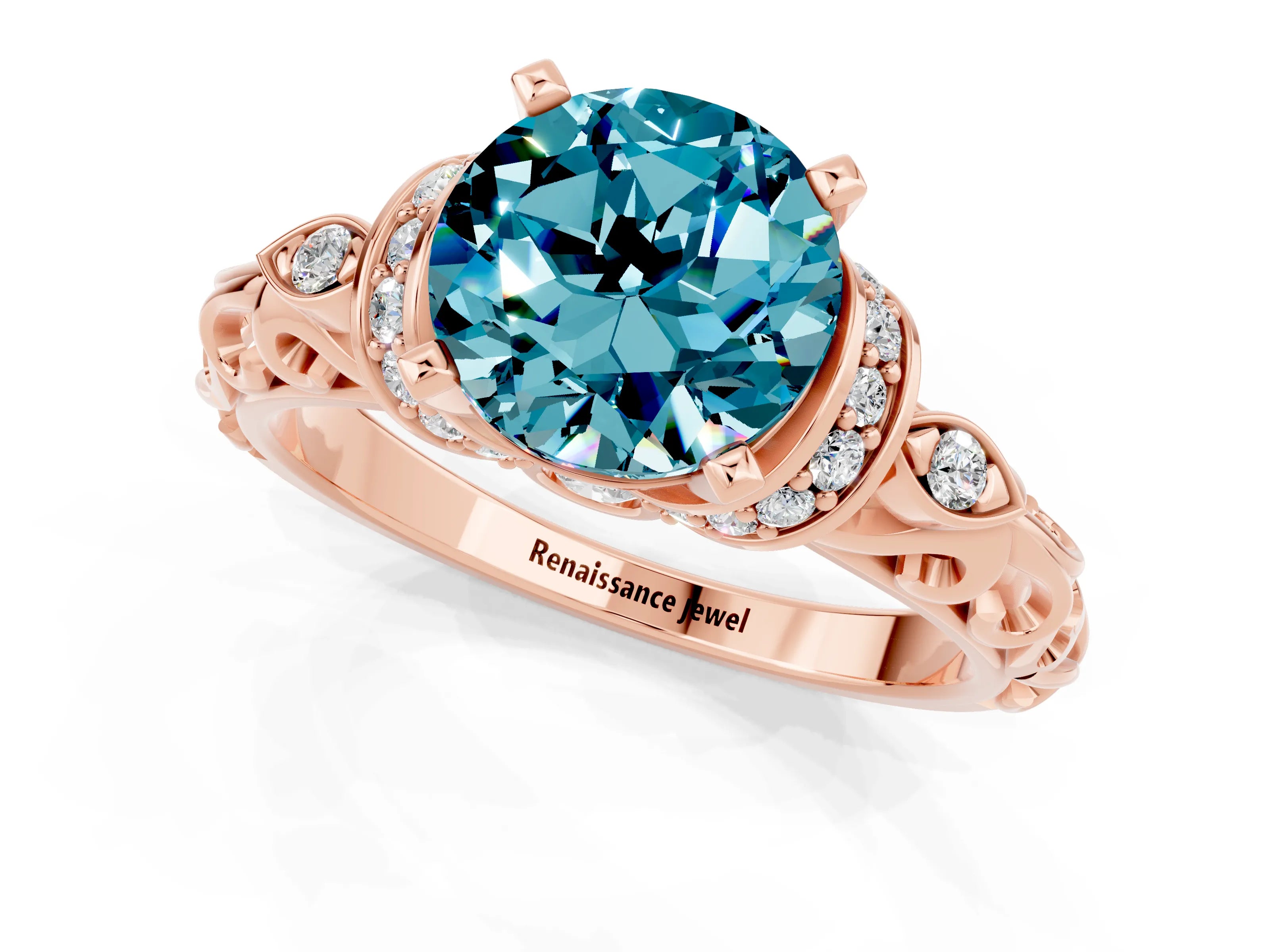 Rose gold Round Cut Blue Topaz Solitaire Ring with Filigree Band and Four-Prong Setting_25
