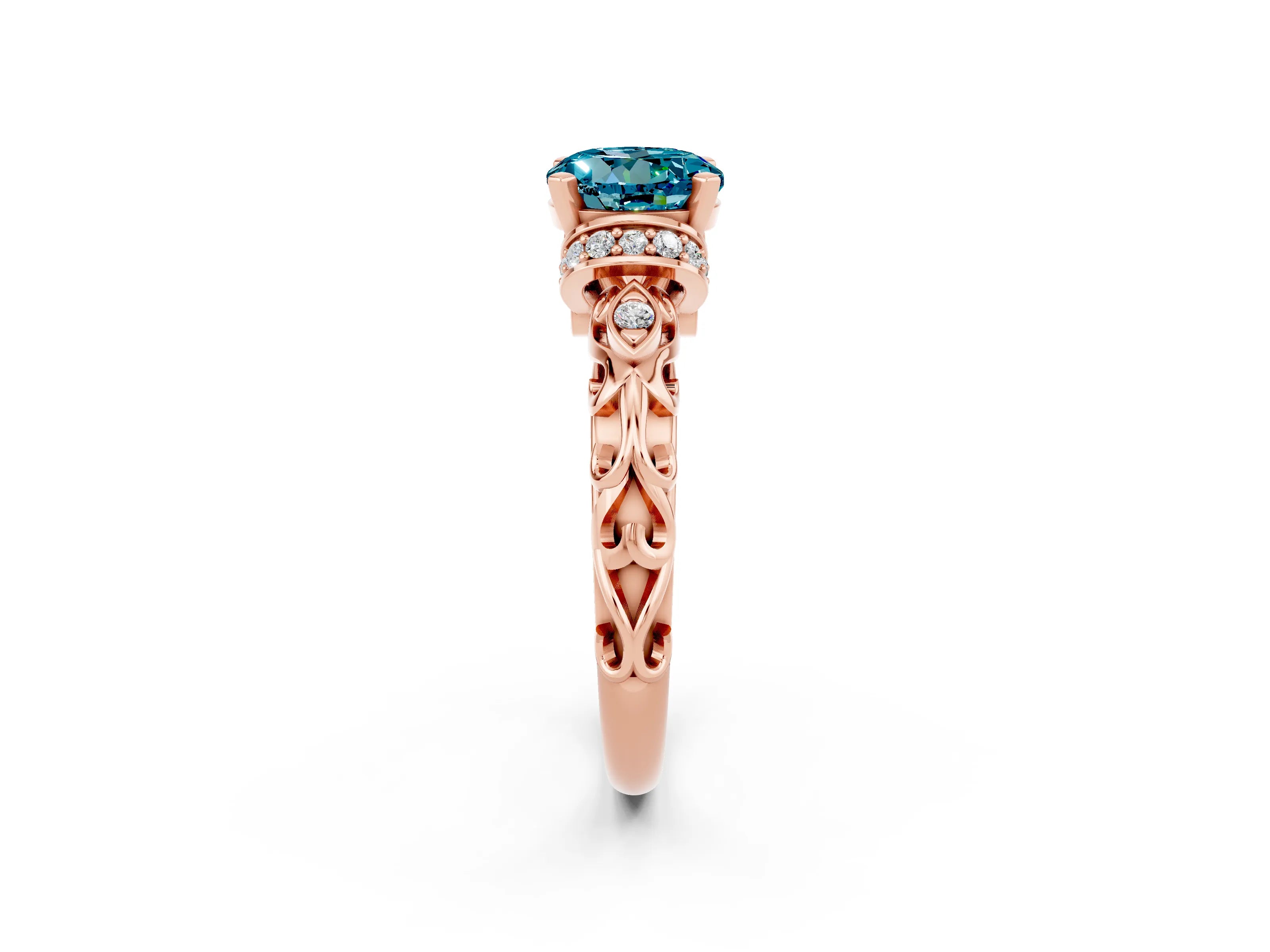 Rose gold Round Cut Blue Topaz Solitaire Ring with Filigree Band and Four-Prong Setting_26