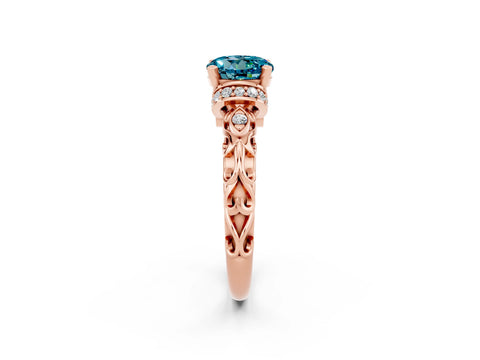 Rose gold Round Cut Blue Topaz Solitaire Ring with Filigree Band and Four-Prong Setting_26