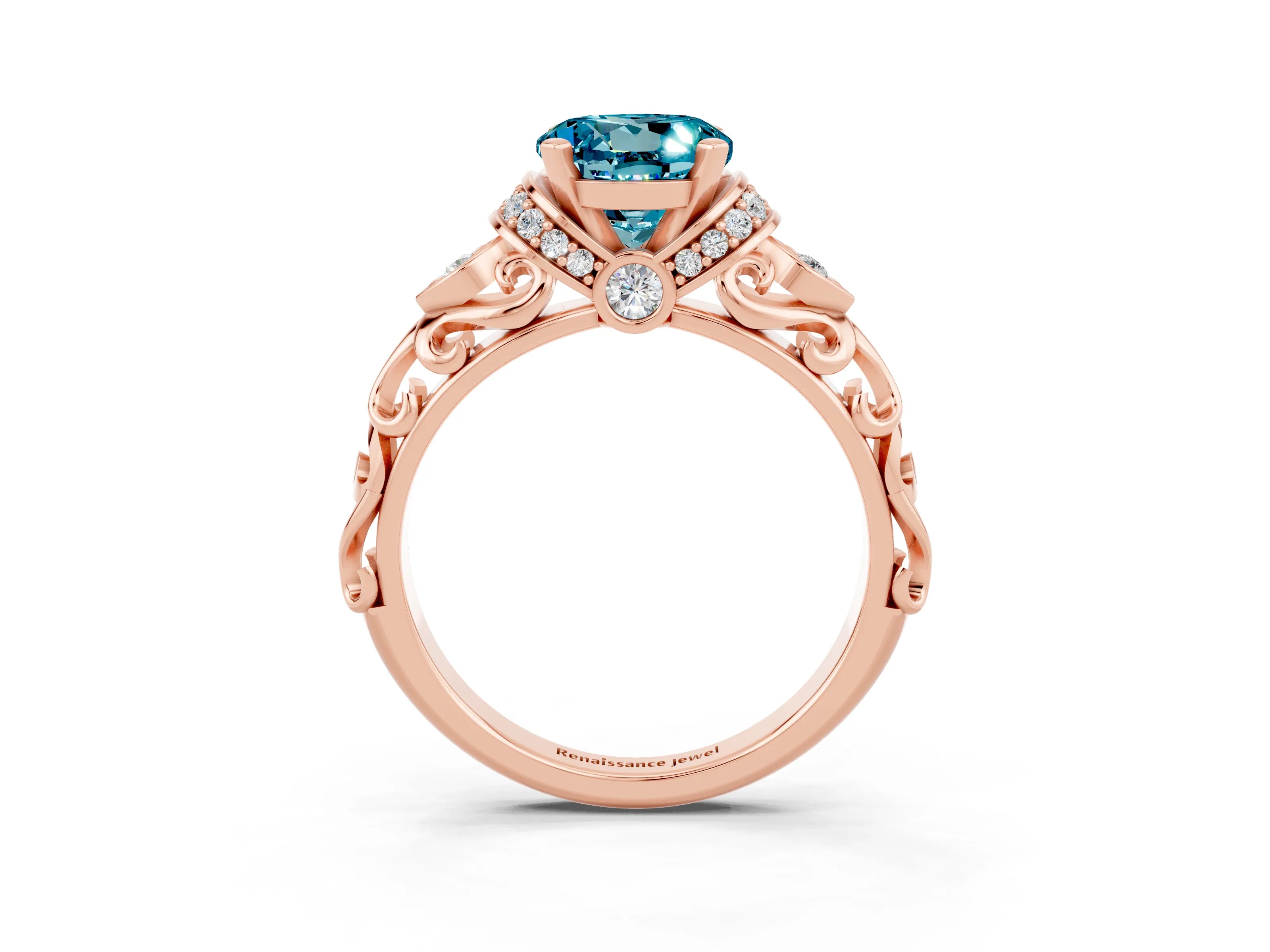 Rose gold Round Cut Blue Topaz Solitaire Ring with Filigree Band and Four-Prong Setting_27